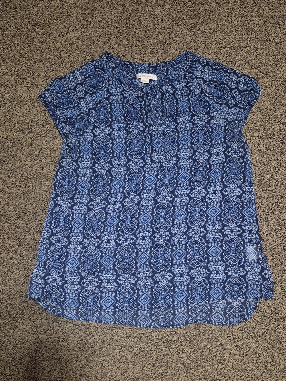 Liz Claiborne Navy and White Paisley Tie-Neck Blouse